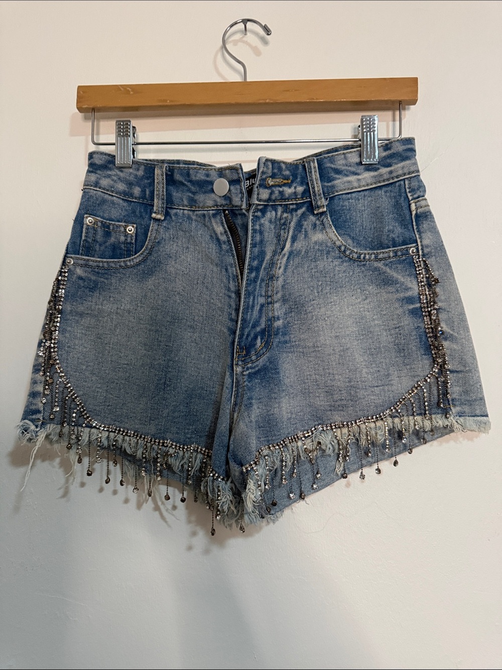 Fringed Embellished Blue Denim Jean Shorts
